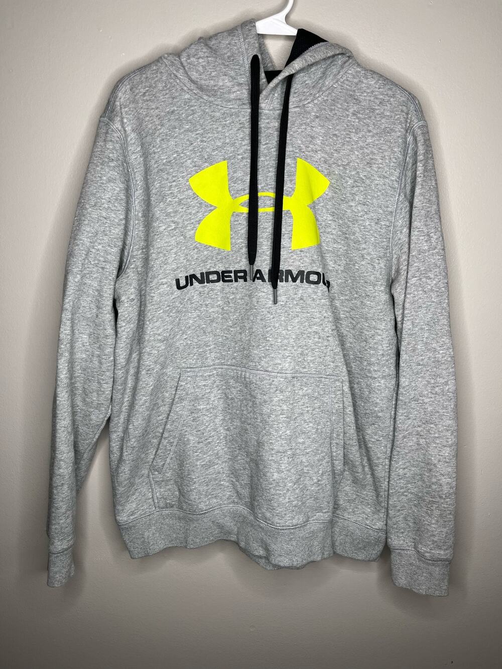 Under Armour Gray Neon Yellow Logo Pullover Hoodie Size Large